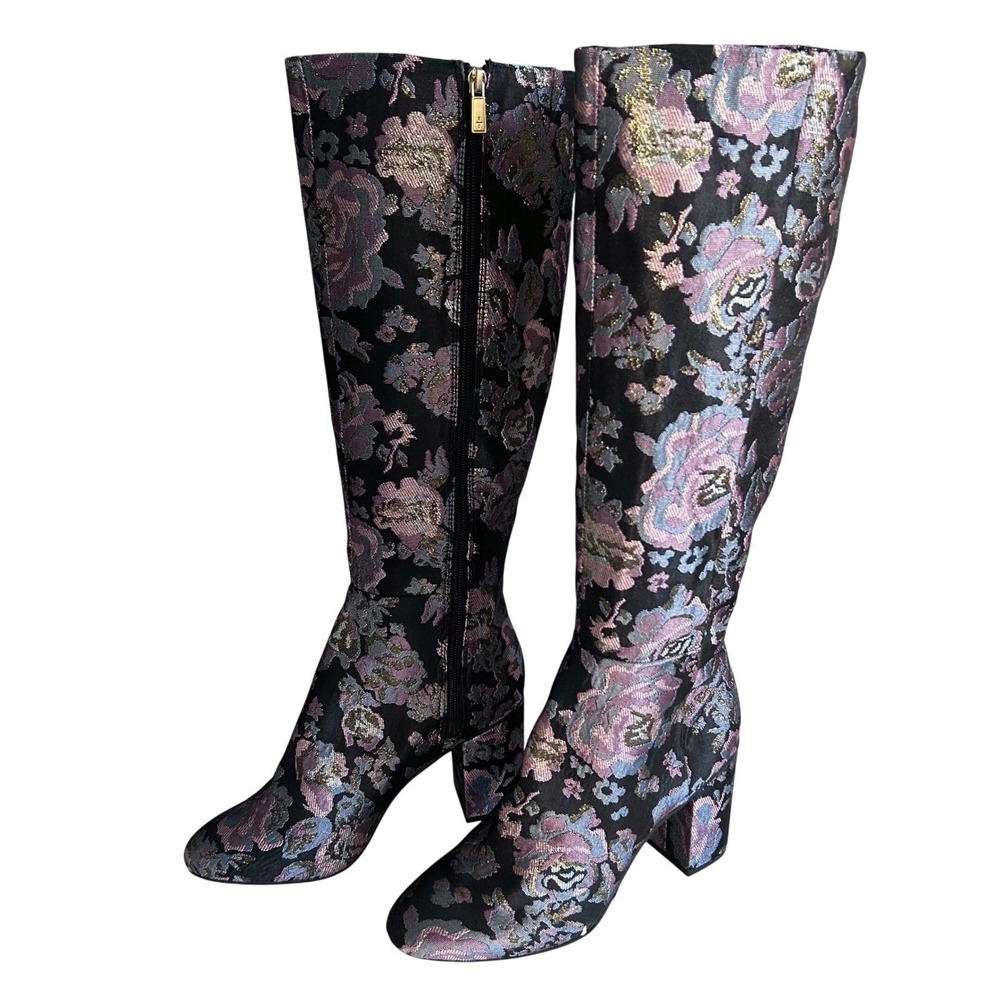 Kenneth Cole Tall Boots Womens 8 Floral Y2K Brocade Block Heel MOD Jacquard Knee